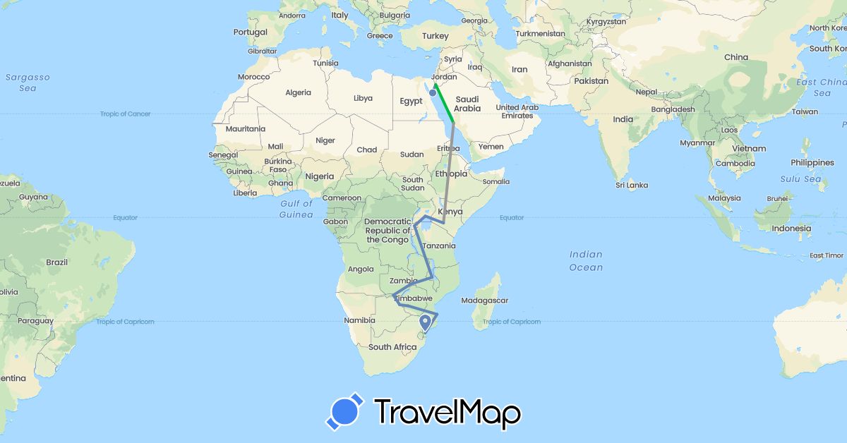 TravelMap itinerary: driving, bus, plane, cycling in Botswana, Egypt, Jordan, Kenya, Malawi, Mozambique, Rwanda, Saudi Arabia, Uganda, Zambia, Zimbabwe (Africa, Asia)